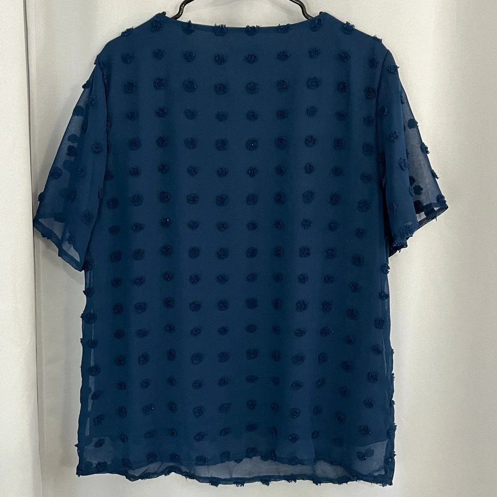 BTFBM Women Blue Textured Polka Swiss Dot Short Sleeve Top Size‎ L Casual Chic